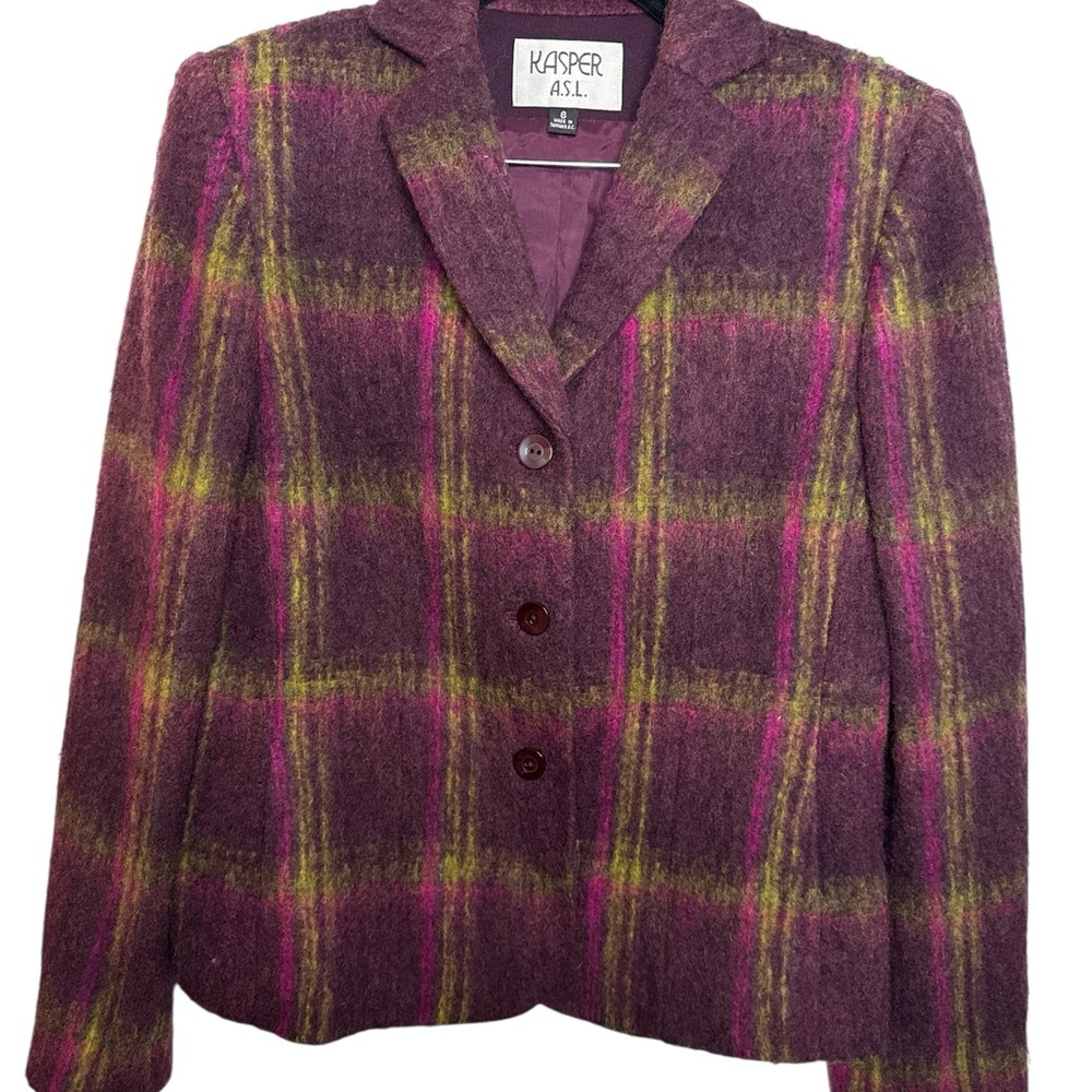 Kasper Vintage Plum Purple Green‎ Plaid Wool Blazer Size 6 - Picture 8 of 8